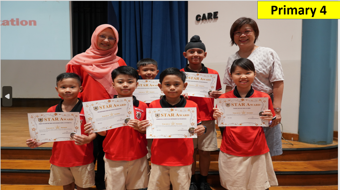 Six Primary 4 students in red uniforms hold Star Award certificates, posed with two female teachers on a stage.
